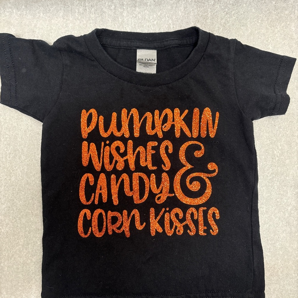 Black Tee with Orange Glitter Text